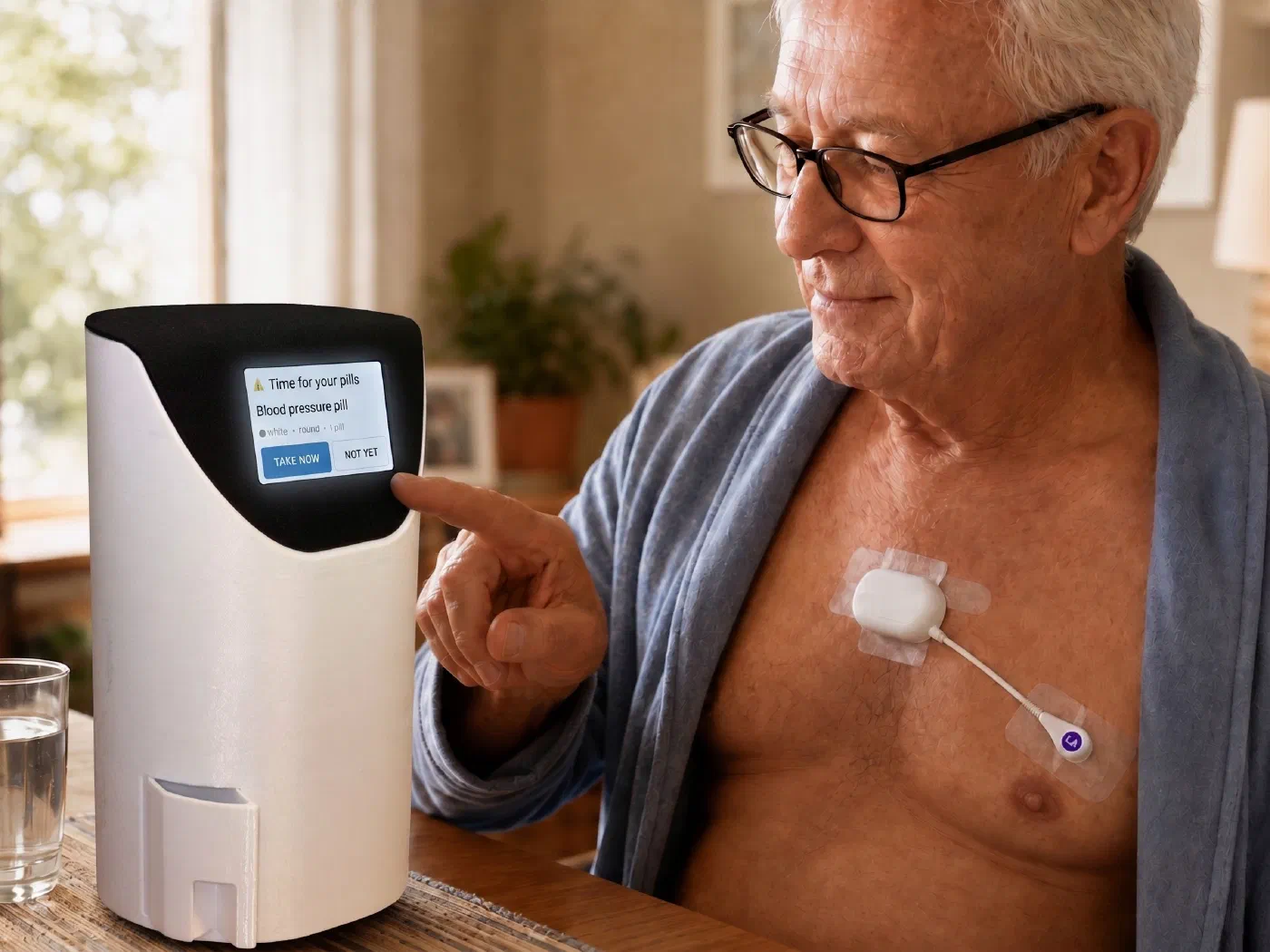 An older man in a robe sits at a kitchen table and touches the screen of a white medication dispenser. The screen reads Time for your pills, Blood pressure pill, white, round, one pill, above buttons reading TAKE NOW and NOT YET. A small monitoring patch is taped to his chest with a lead running to a second electrode.