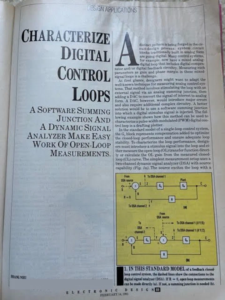 Page one. The headline Characterize Digital Control Loops over the case for a software summing junction, with the standard closed loop model figure. The author's printed contact block at the foot of the left column is redacted.