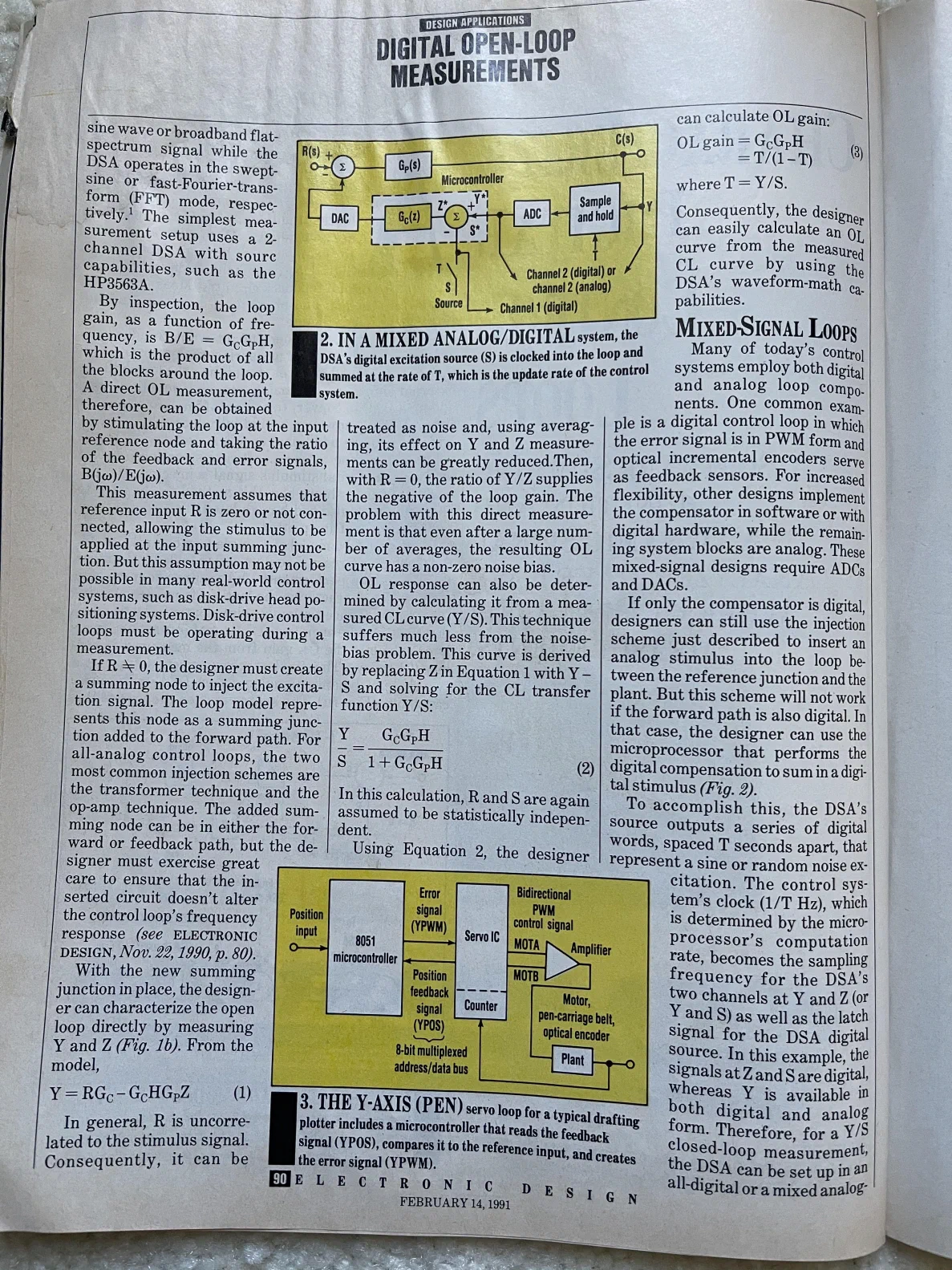 Page two, running head Digital Open-Loop Measurements. The mixed analog and digital loop figure with the analyzer's digital source, the drafting plotter's pen axis servo diagram around an 8051 microcontroller, and the closed loop equations.
