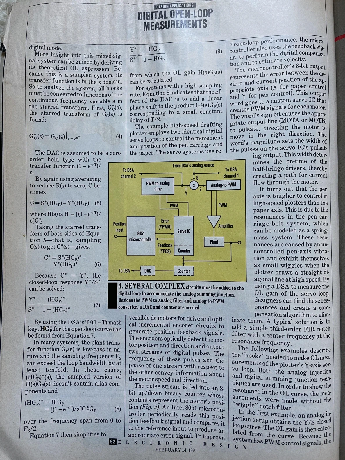 Page three. The starred transform derivation through equation nine, the analog summing junction figure with its added converter circuits, and the discussion of pen carriage belt resonances.