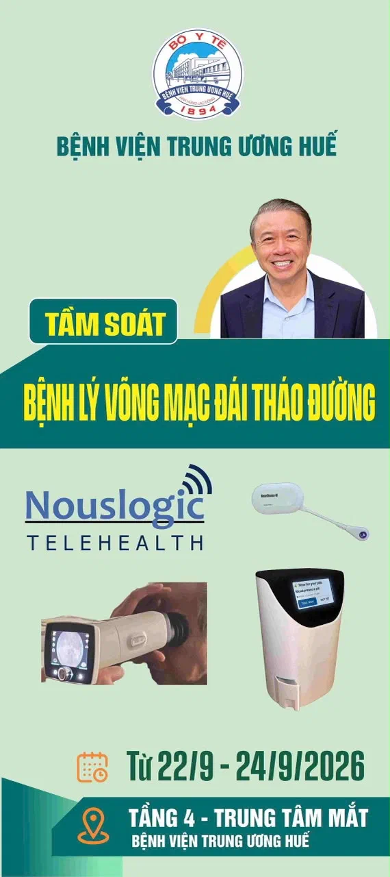 A Hue Central Hospital poster in Vietnamese headed Tầm soát bệnh lý võng mạc đái tháo đường, diabetic retinopathy screening. It carries the hospital's emblem, a portrait of Hoang Nhu, the Nouslogic Telehealth logo, a handheld retinal camera, the ECG patch and the medication dispenser, and gives the dates, Từ 22/9 - 24/9/2026, and the place, Tầng 4, Trung tâm Mắt, Bệnh viện Trung ương Huế, the Eye Center on the fourth floor.