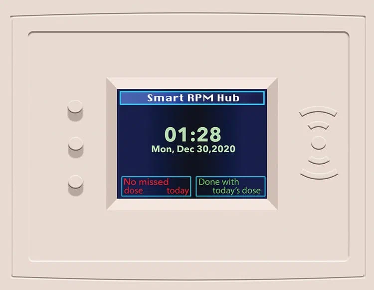 A home hub in a pale case, three round buttons down its left side and a wireless symbol on its right. The screen is headed Smart RPM Hub, above a large clock reading 01:28 and a date in December 2020. Two boxes sit under the clock, one in red reading No missed dose today and one in green reading Done with today's dose.